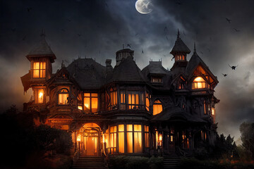 Large victorian house of terror with a full moon in the dark and candlelight. Halloween theme of horror house in the dark. 3D illustration and fantasy digital painting. - obrazy, fototapety, plakaty