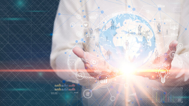 Businessman holding globe icon showing global cyberspace technology network connection, internet data communication and business development, big data analytics, financial innovation and investment.