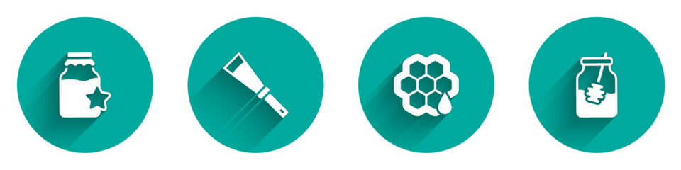 Set Jar of honey, Beekeeping knife, Honeycomb and and dipper stick icon with long shadow. Vector