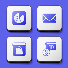 Set Market analysis, Mail and e-mail, Online shopping on screen and Advertising icon. White square button. Vector