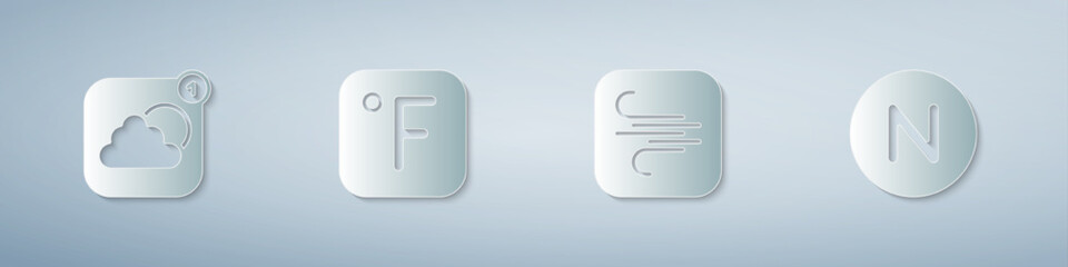 Set Weather forecast app, Fahrenheit, Wind and Compass north. Paper art style. Vector
