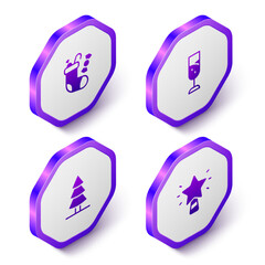 Set Isometric Christmas stocking, Glass of champagne, tree and star icon. Purple hexagon button. Vector