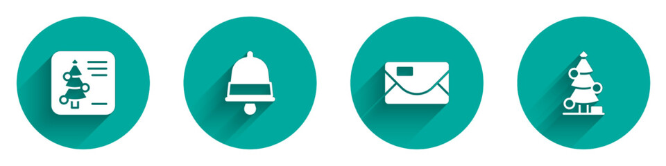 Set Christmas postcard, ringing bell, Envelope and tree icon with long shadow. Vector