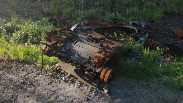 War in Ukraine, Remains of Destroyed and burned by Ukrainian army,  russian battle tank of the Russian invaders after counteroffensive