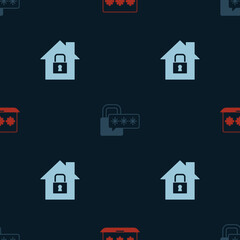 Set Laptop with password, Cyber security and House under protection on seamless pattern. Vector