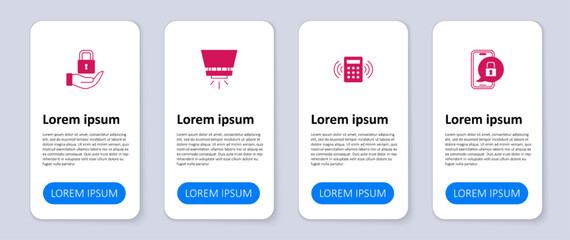 Set Mobile with closed padlock, Security keypad access panel, Fire sprinkler system and Lock. Business infographic template. Vector