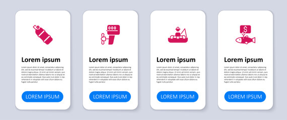 Set Price tag for fish, Fisherman in boat, Outboard motor and Aqualung. Business infographic template. Vector