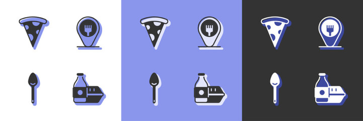 Set Online ordering food, Slice of pizza, Spoon and Cafe and restaurant location icon. Vector