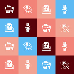 Set pop art Futuristic weapon, Eye scan, Radioactive warning lamp and Wrist watch icon. Vector