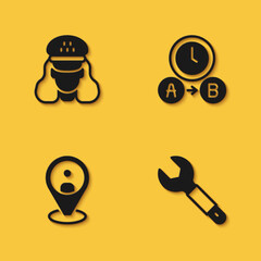 Set Taxi driver, Wrench spanner, client and waiting time icon with long shadow. Vector