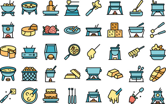 Fondue icons set outline vector. Cheese melted. Cooking cuisine thin line color flat on white