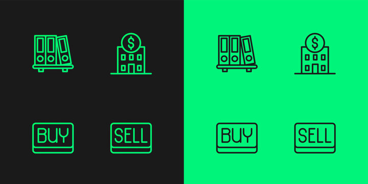 Set line Sell button, Buy, Office folders and Bank building icon. Vector