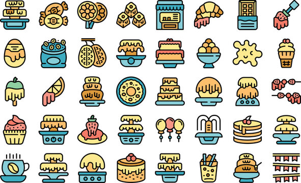 Chocolate fountain icons set outline vector. Candy cream. Delicious waterfall thin line color flat on white