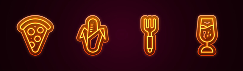 Set line Slice of pizza, Corn, Fork and Wine glass. Glowing neon icon. Vector