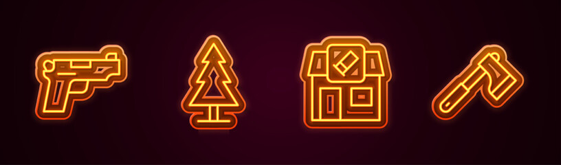 Set line Pistol or gun, Tree, Hunting shop and Wooden axe. Glowing neon icon. Vector