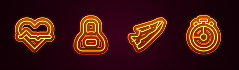 Set line Heart rate, Weight, Fitness sneakers shoes and Stopwatch. Glowing neon icon. Vector