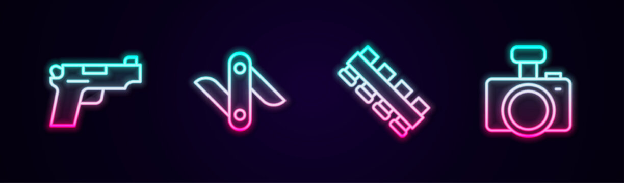 Set line Pistol or gun, Swiss army knife, Hunting cartridge belt and Photo camera. Glowing neon icon. Vector