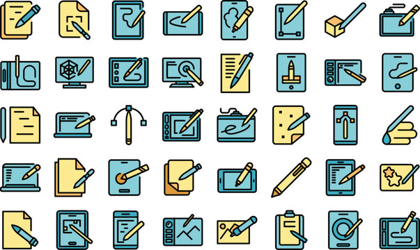 Digital pen icons set outline vector. Graphic tool. Art design thin line color flat on white