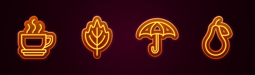 Set line Coffee cup, Leaf, Umbrella and Pear. Glowing neon icon. Vector