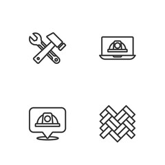 Set line Parquet, Worker safety helmet, Hammer and wrench spanner and icon. Vector