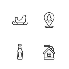 Set line Merry Christmas house, Champagne bottle, santa claus sleigh and tree icon. Vector