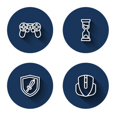 Set line Game controller or joystick, Old hourglass, Sword for game and Computer mouse with long shadow. Blue circle button. Vector