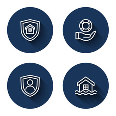 Set line House with shield, Lifebuoy in hand, insurance and flood with long shadow. Blue circle button. Vector