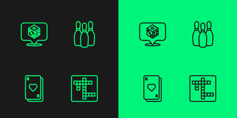 Set line Crossword, Playing cards, Game dice and Bowling pin icon. Vector