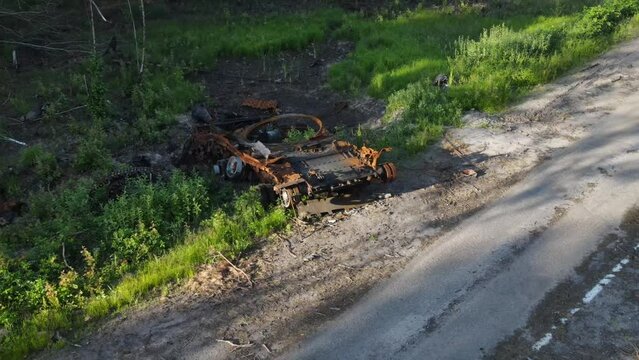 War in Ukraine, Remains of Destroyed and burned by Ukrainian army,  russian battle tank of the Russian invaders after counteroffensive
