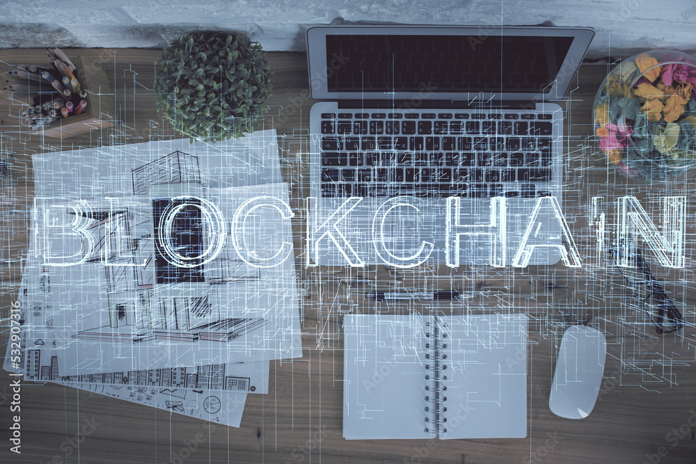 Aufkleber blockchain theme hologram drawings over computer on the desktop background. top view. double exposur
