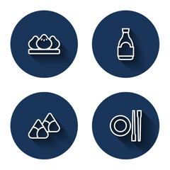 Set line Dumpling, Soy sauce bottle, Zongzi bamboo steamer and Food chopsticks with plate with long shadow. Blue circle button. Vector