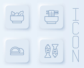 Set line Wonton, Asian noodles in bowl, Sushi and Served fish plate. White square button. Vector