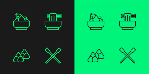 Set line Food chopsticks, Zongzi in bamboo steamer, Rice with fish bowl and Asian noodles icon. Vector