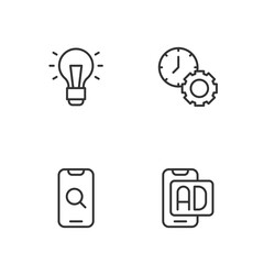 Set line Advertising, Magnifying glass and mobile, Light bulb and Time management icon. Vector