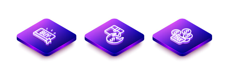 Set Isometric line Buy button, Hot price and Tax payment icon. Vector