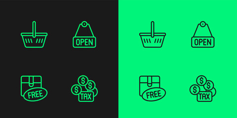 Set line Tax payment, Cardboard box with free symbol, Shopping basket and Hanging sign text Open icon. Vector