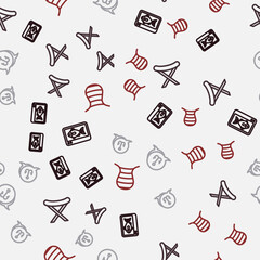 Set line Fish finder echo sounder, Camping folding chair, Fishing hook and net on seamless pattern. Vector