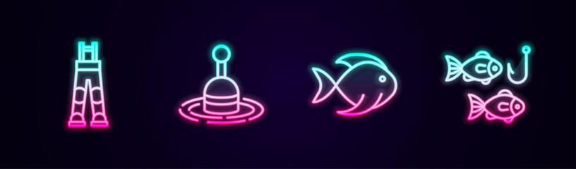 Set line Fisherman pants, Fishing float in water, and hook with fish. Glowing neon icon. Vector © Iryna