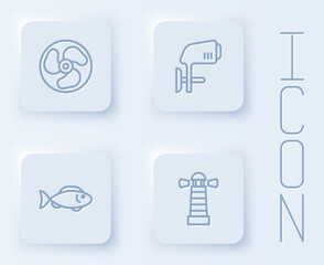 Set line Outboard boat motor, Fish and Lighthouse. White square button. Vector