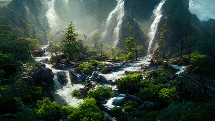 Naklejka na ściany i meble mountain landscape with waterfalls and trees