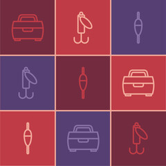Set line Case or box for fishing equipment, Fishing float and lure icon. Vector © Iryna