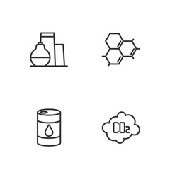 Set line CO2 emissions in cloud, Barrel oil, Oil tank storage and Molecule icon. Vector