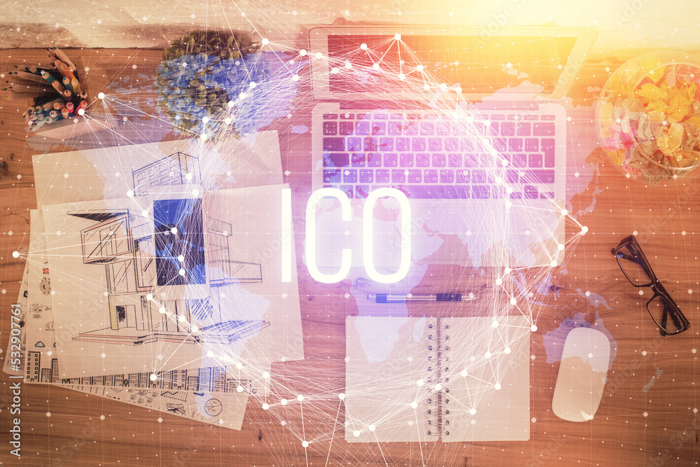 Aufkleber blockchain theme hologram drawings over computer on the desktop background. top view. double exposur