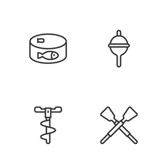Set line Crossed oars or paddles boat, Hand ice drill, Canned fish and Fishing float icon. Vector