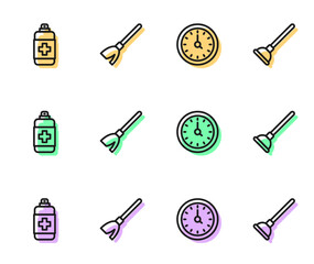 Set line Clock, Antibacterial soap, Handle broom and Rubber plunger icon. Vector
