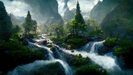 Fotobehang berglandschap met watervallen en bomen © Ivan Traimak