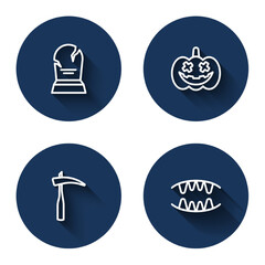 Set line Tombstone with RIP written, Pumpkin, Scythe and Vampire teeth with long shadow. Blue circle button. Vector