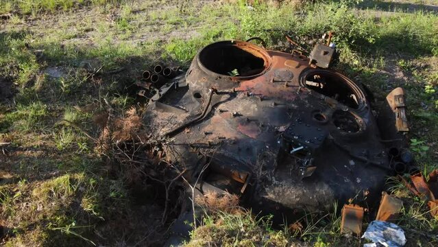 War in Ukraine, Remains of Destroyed and burned by Ukrainian army,  russian battle tank of the Russian invaders after counteroffensive