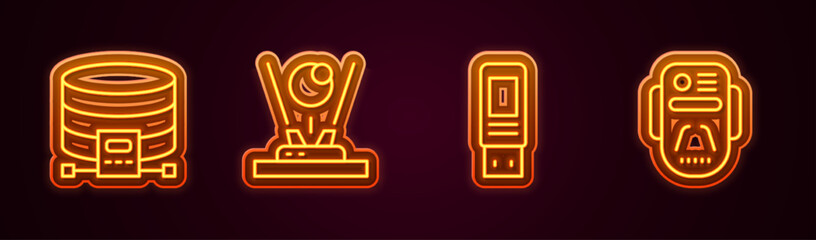 Set line Cloud database, Hologram, USB flash drive and Artificial intelligence robot. Glowing neon icon. Vector