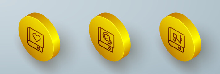 Set Isometric line Romance book, Book about women and icon. Vector